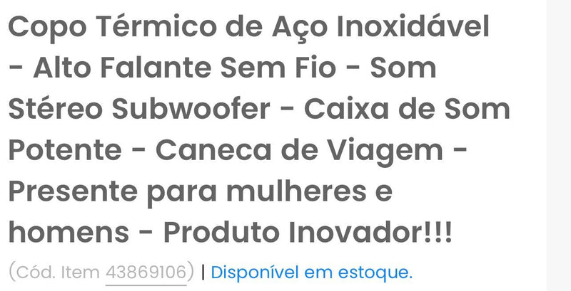 Copo Térmico de Aço Inoxidável - Alto Falante Sem Fio com Som Stéreo.