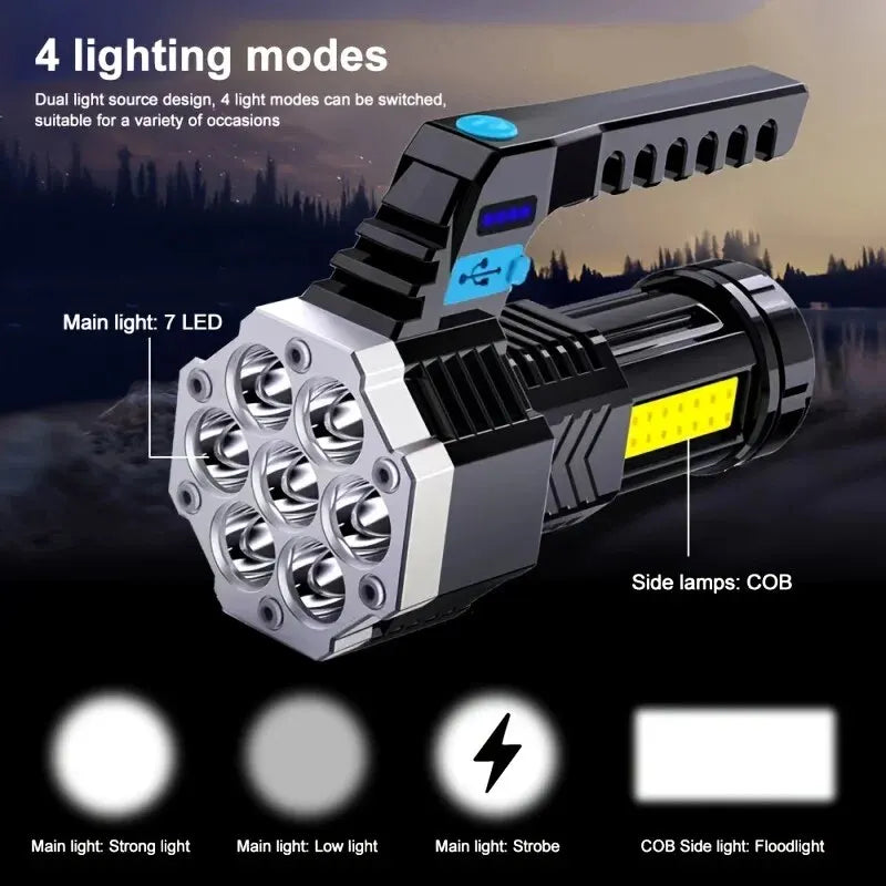 Lanterna de Alta Potência com Carregamento USB - 7 LEDs.