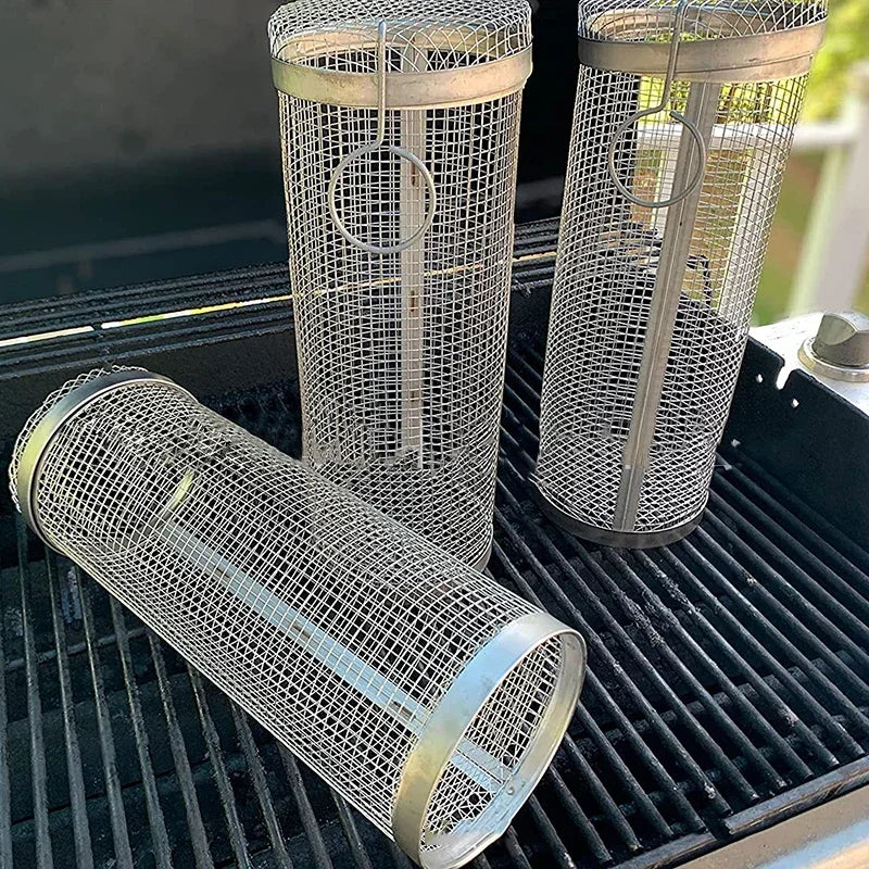 Cesta para churrasco em aço inoxidável.