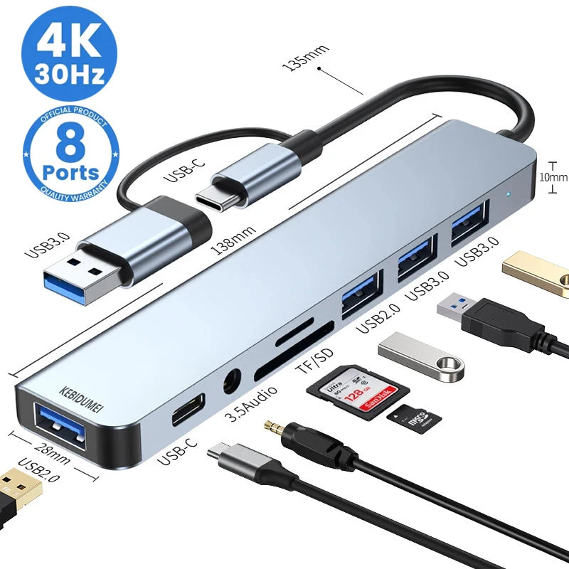 Hub USB C Splitter 8 em 2 USB
