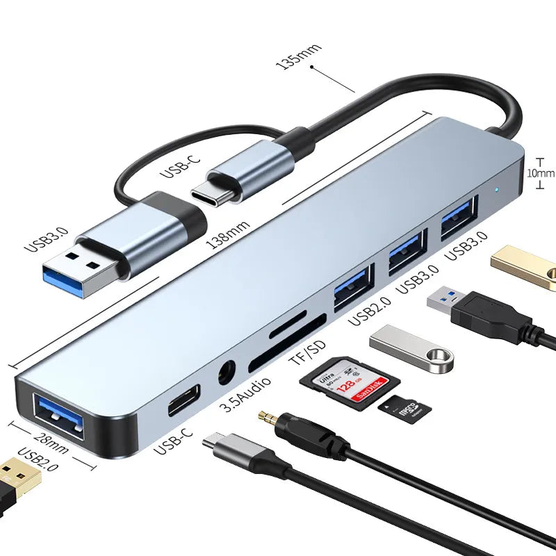 Hub USB C Splitter 8 em 2 USB