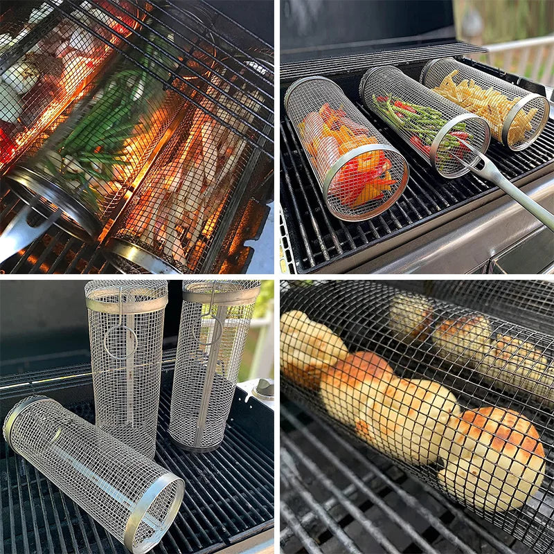 Cesta para churrasco em aço inoxidável.