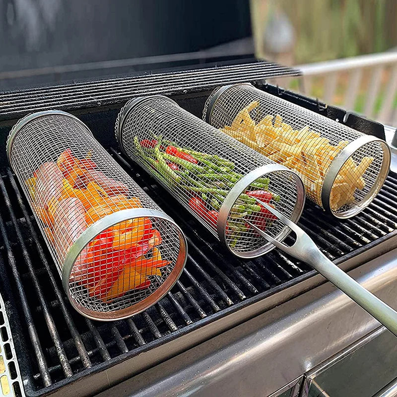 Cesta para churrasco em aço inoxidável.