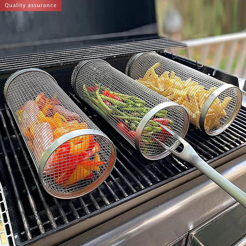 Cesta para churrasco em aço inoxidável.